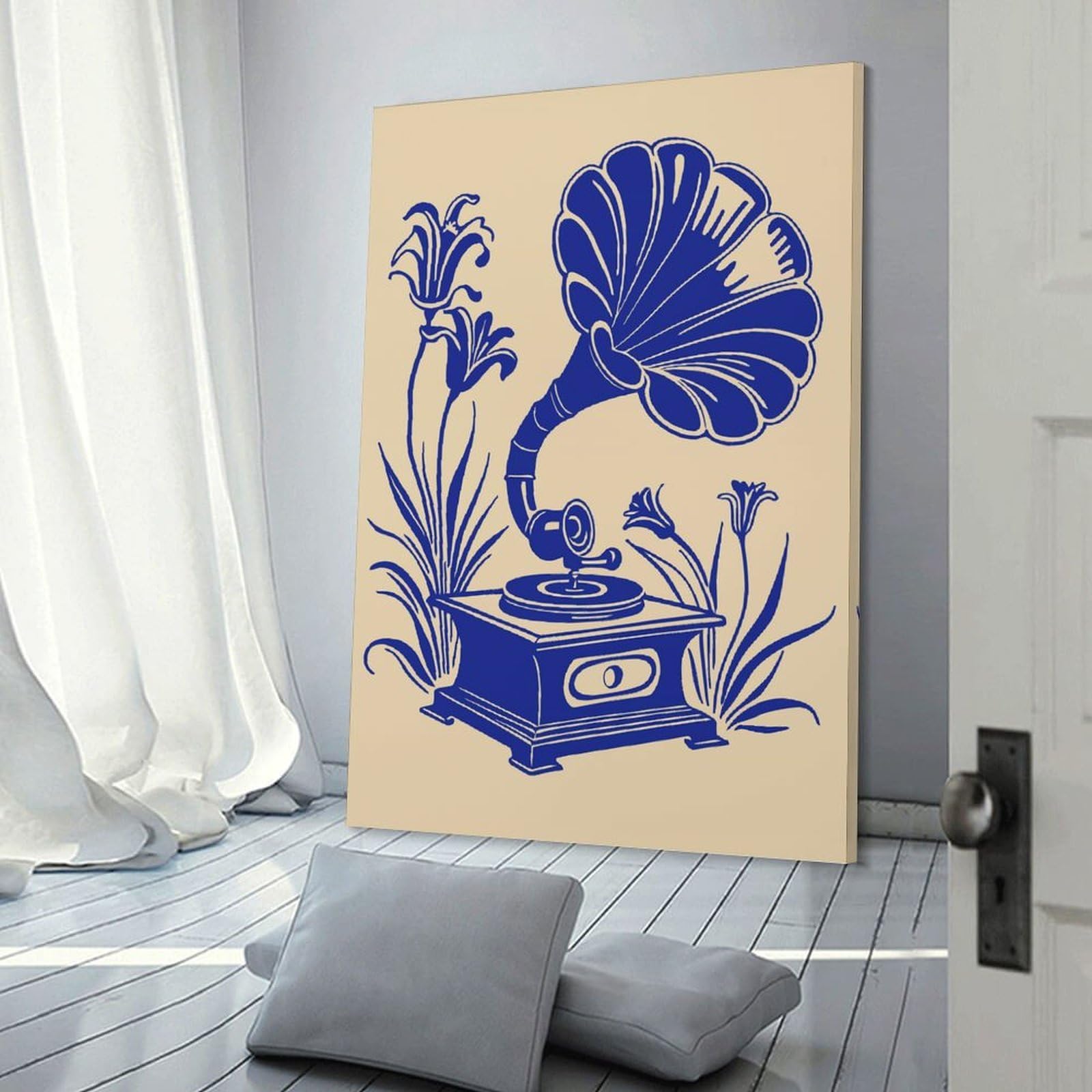 Junmoney Vintage Gramophone with Floral Accents Canvas Wall Art, 24x36inch(60x90cm), for Entrance Walls, Hall Decor Or Foyers, Wall Decor to Refresh Empty Corners