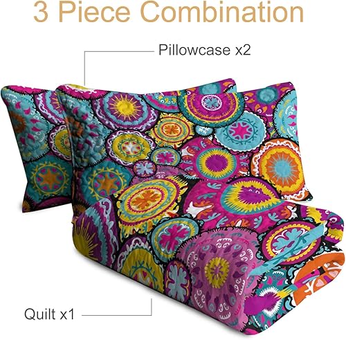 Miniatura 3 de BlessLiving Juego de edredón bohemio tamaño matrimonial, colcha colorida con patrón marroquí de 80 x 90 pulgadas, colcha suave y ligera, funda de