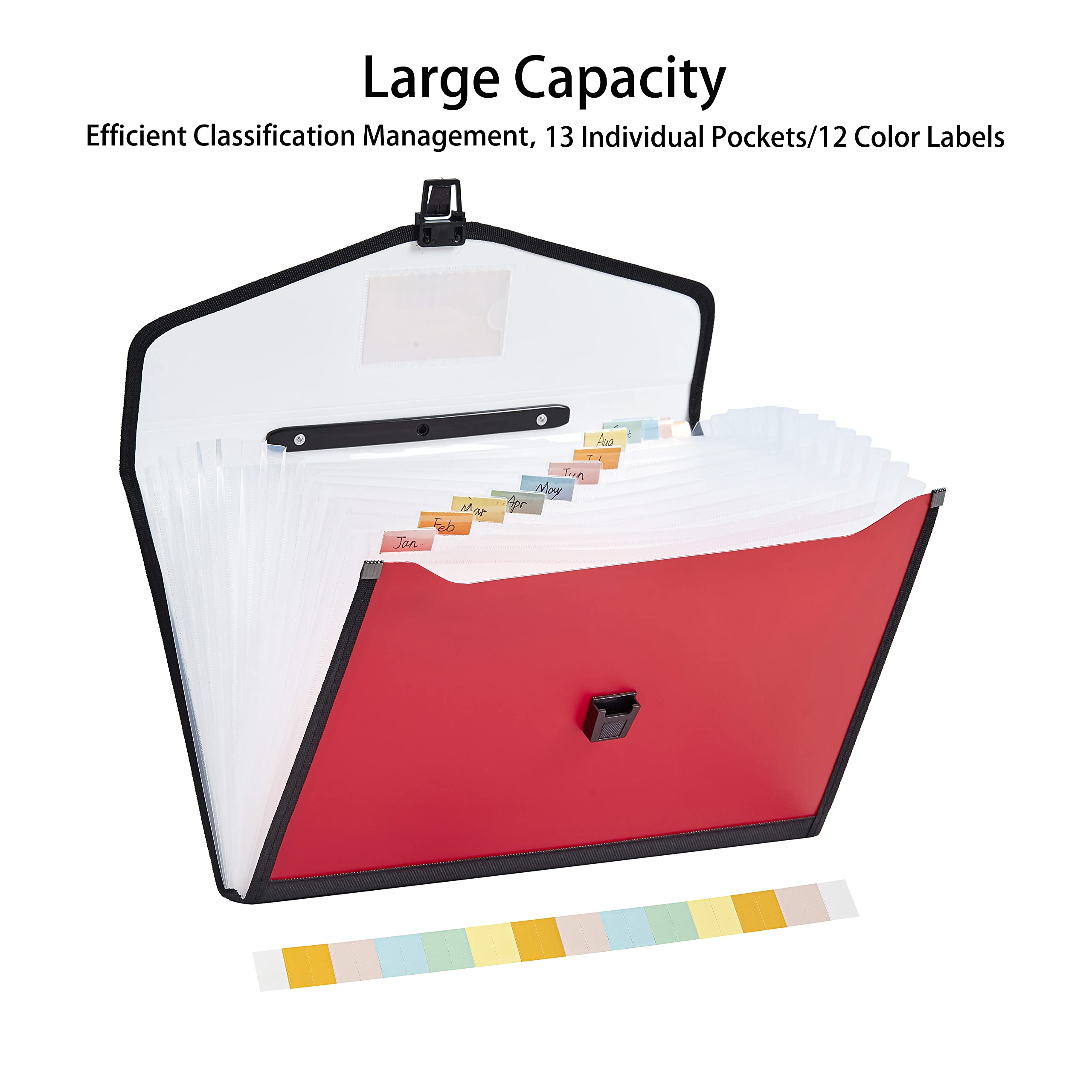 Cartella portadocumenti espandibile con 13 tasche, con manico, in plastica, espandibile e mensile, portatile, per ufficio, scuola e casa (rosso)