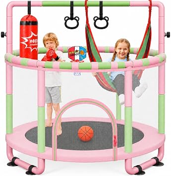Yohood 55" Trampoline for Kids with Enclosure, 6-in-1 Toddler Trampoline Indoor Outdoor, Upgrade Full Anti-Rust Tube with Adjustable Gymnastics Bars for Boys Girls