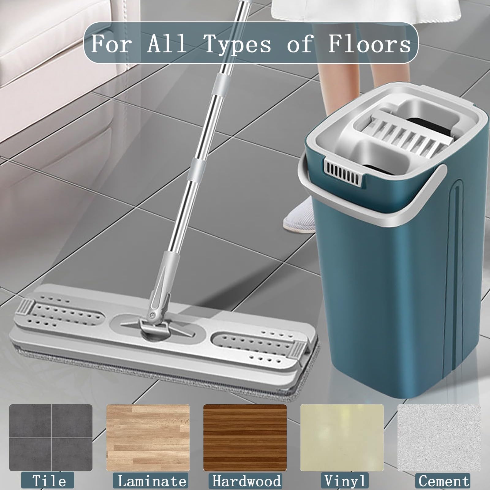 Fregona, Juego De Fregona Y Cubo, Cubo Fregona Dos Compartimentos Seco/Mojado, Cabeza Giratoria Fregona 360° Microfibra Y Cubos Escurrefacil para Limpiar Azulejos Y Paredes(White,9mops)