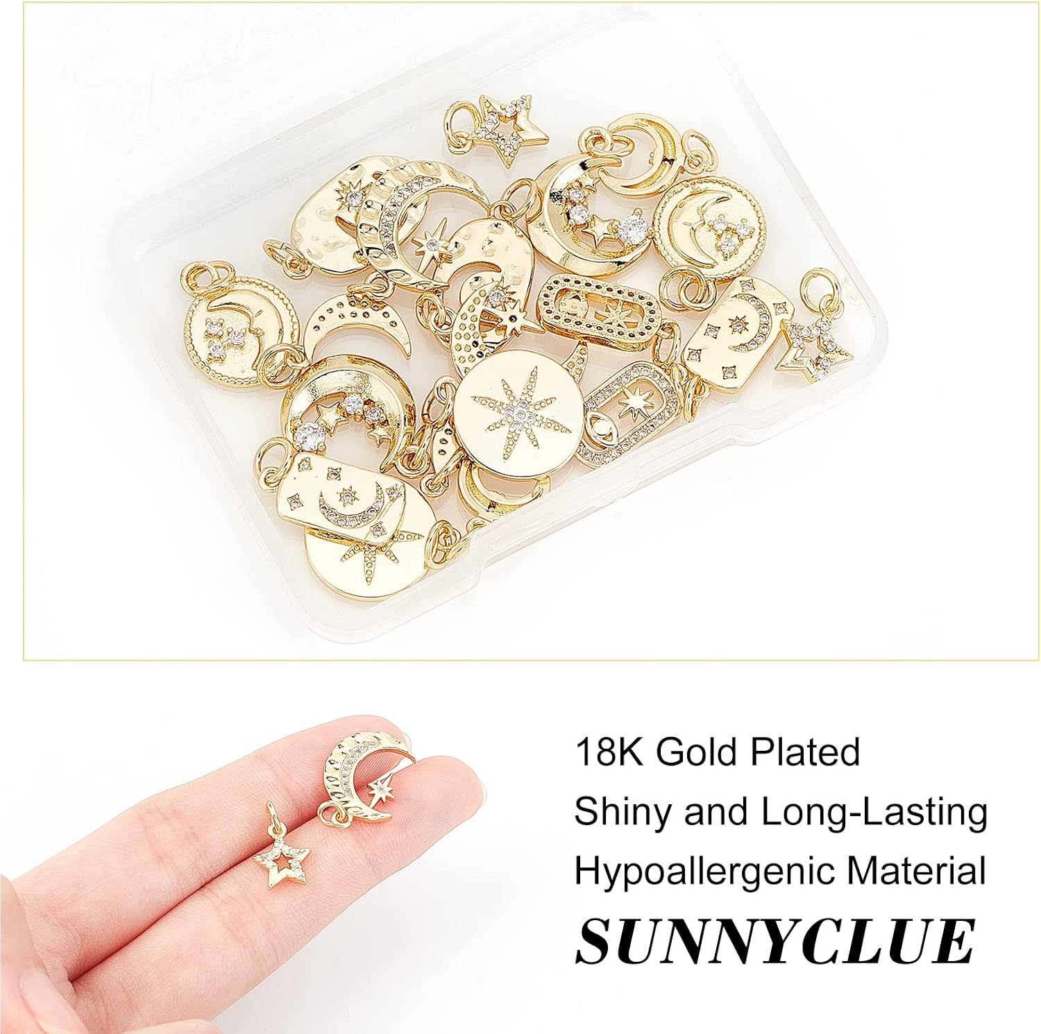 SUNNYCLUE 1 Box 20Pcs 10 Style 18K Gold Plated Moon Star Charms Micro Pave Clear Cubic Zirconia Charms with Jump Ring for DIY Earrings Necklace Bracelet Jewelry Making Crafting Supplies