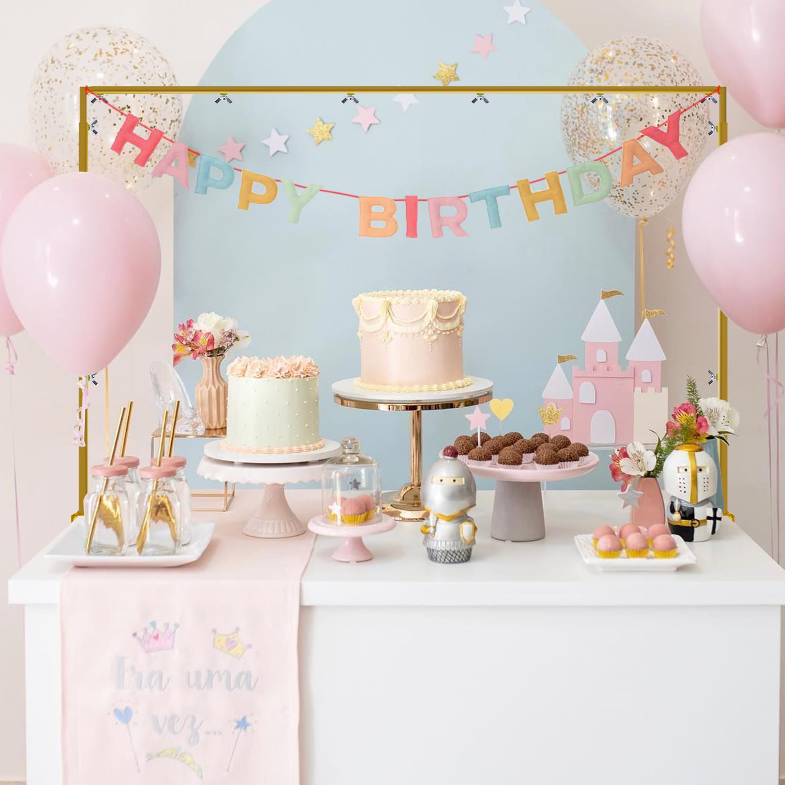 Arche de table réglable avec pinces - Tige décorative de table pour ballons, pour mariage, anniversaire et Noël (Longueur 73-247 cm, Hauteur 68-105 cm, Or)