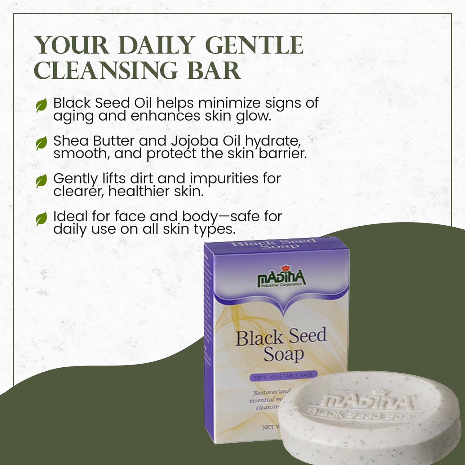 Madina Black Seed Soap Bar – Moisturizing, Anti-Aging, Deep Cleansing, Black Seed Oil, Shea Butter, Jojoba Oil, Plant-Based, Gentle Face & Body Cleanser, 6 Pack (3.5 oz Each)
