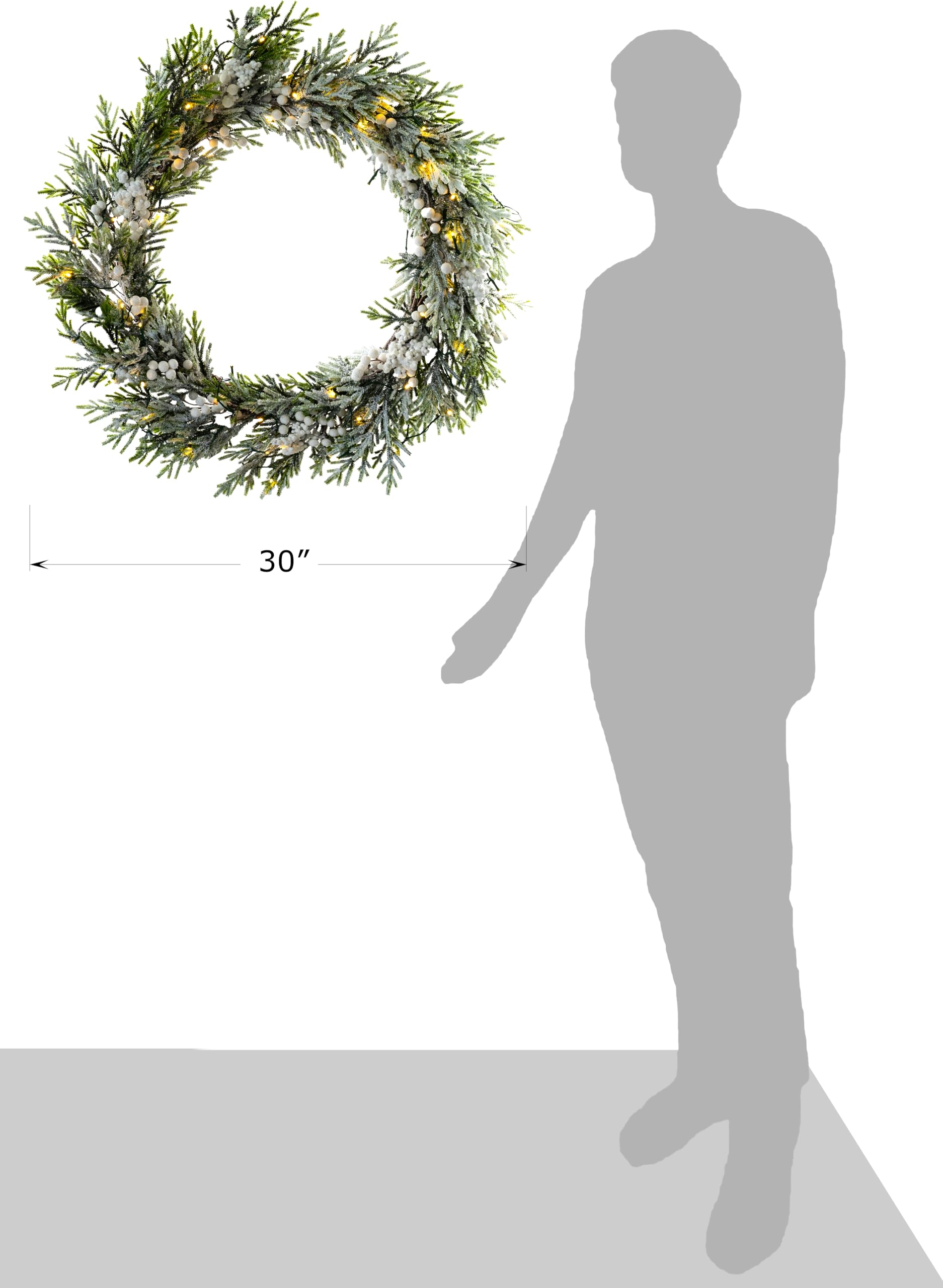 Red Co. Corona de Navidad artificial decorativa con luces nevadas de 30 pulgadas con bayas blancas, luces LED que funcionan con pilas y temporizador