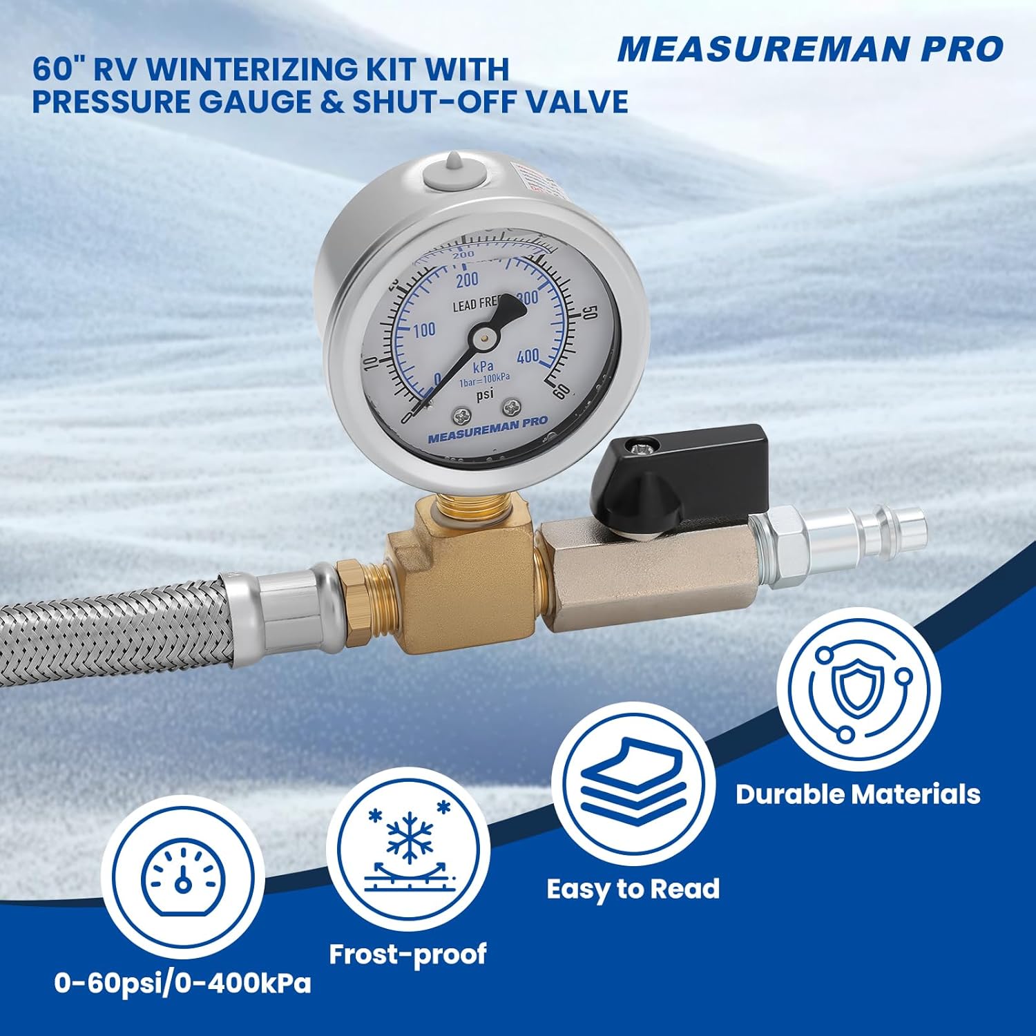 MEASUREMAN RV Winterizing Kit, 0–60 PSI Pressure Gauge, Stainless Steel Braided Hose, 3/4 Inch GHT, 1/4 Inch Quick Connect Blowout Plug with Shut Off Valve for Travel Trailer (60-Inch Stainless Steel)
