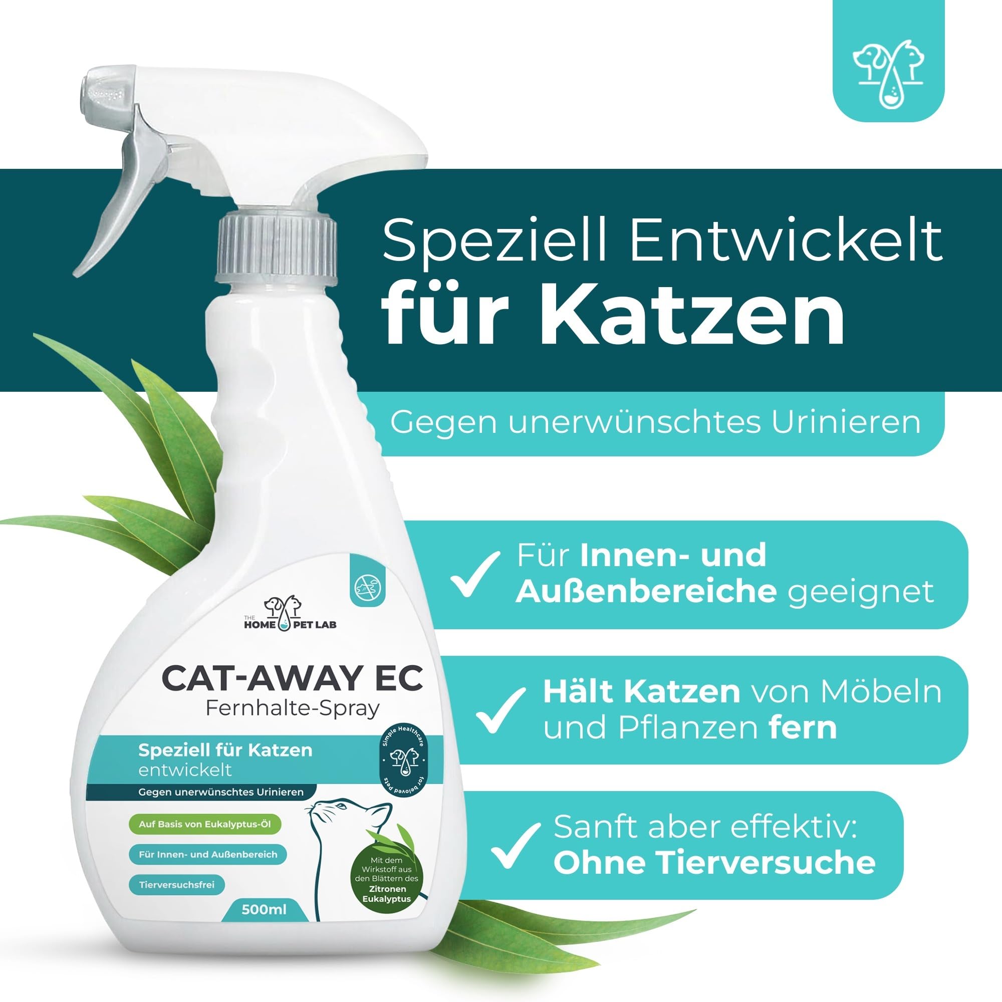 The Home Pet Lab Katzenabwehrspray Cat-Away EC gegen Urinieren & Kratzen - 500 ml - Fernhaltespray Katze für Innen und Außen - Katzen Schreck zur effektiven Katzenabwehr