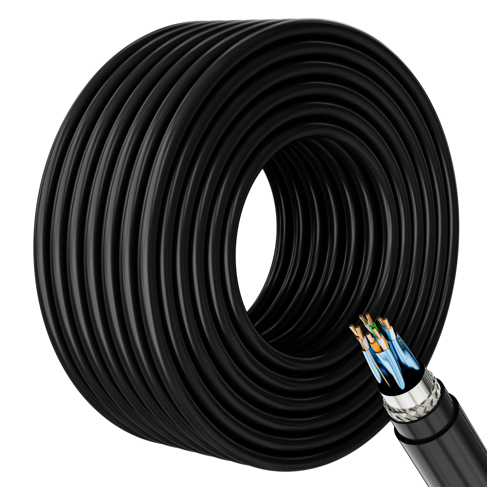 100 m czarny kabel Ethernet CAT 7, kabel sieciowy LAN, 10 Gbps, zewnętrzny kabel instalacyjny, miedziany AWG24, czarny, wodoodporny kabel sieciowy do użytku na zewnątrz, odporny na
