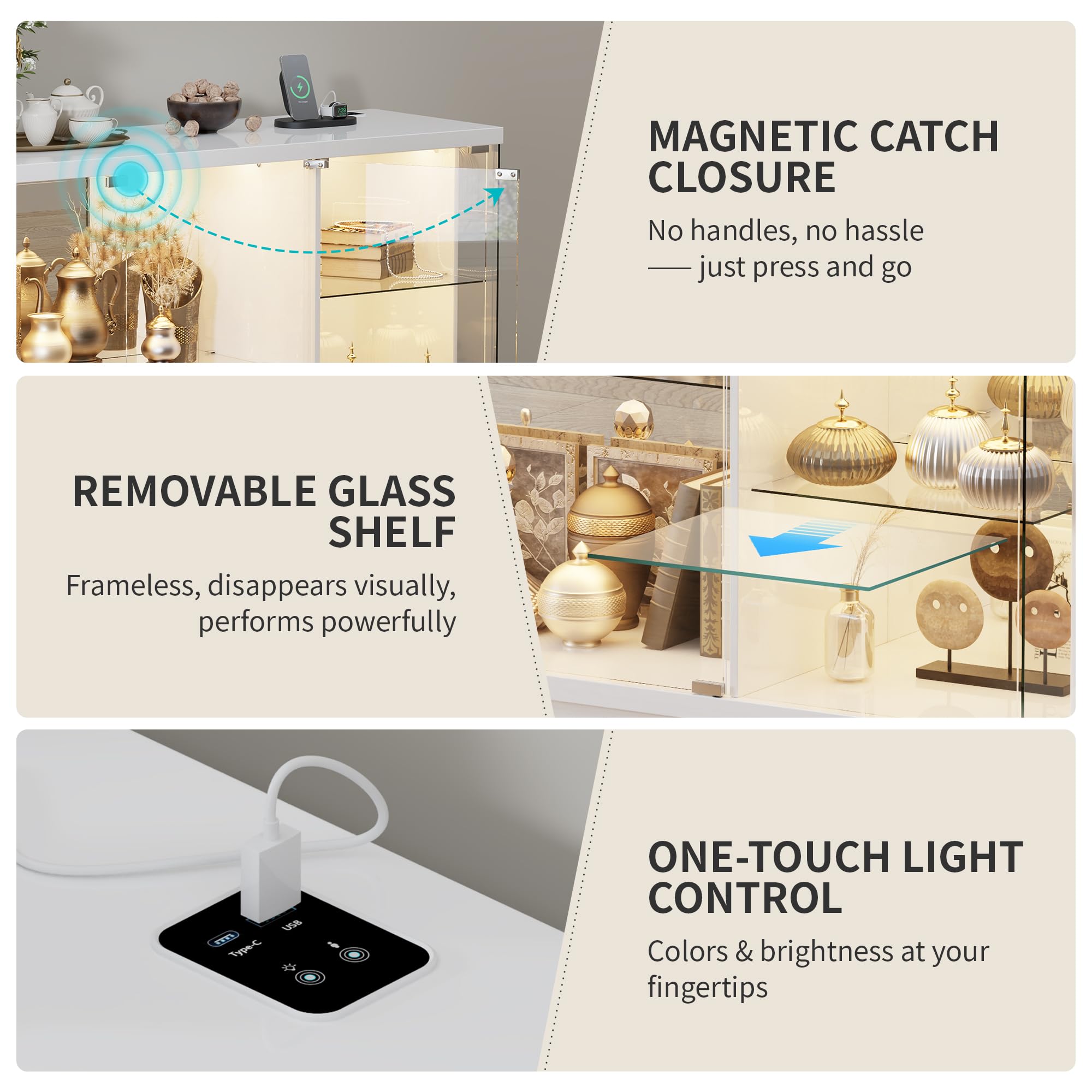 Gurexl Glasvitrine mit LED Beleuchtung und Körpersensor-System für Wohnzimmer,Hochglanz Sideboards mit Abschließbare Glastüren und Type-c B120 x T38 x H85 cm für Esszimmer Innenministerium,Weiß