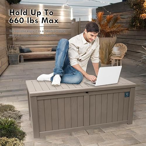 Miniatura 4 de Caja grande de 120 galones, caja de almacenamiento de resina para exteriores, contenedor impermeable con cerradura para cojín de patio, muebles de