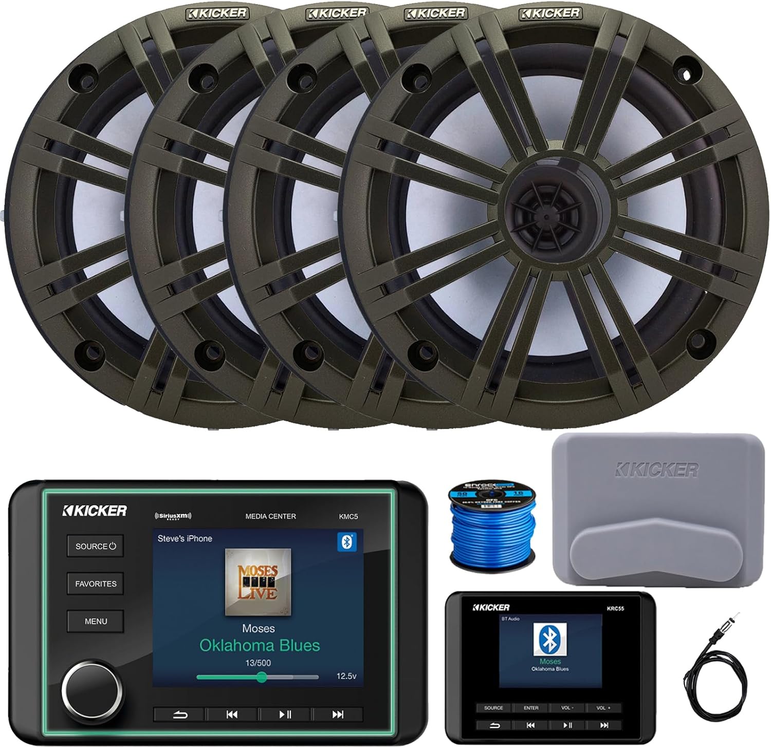 Kicker KMC5 3.5" LCD Display Marine Bluetooth USB/AUX WB AM/FM Weather-Resistant Gauge Style Receiver W/Digital Controller, 4X 6.5 195W Max 4 Ohm Coaxial Speakers W/Charcoal Grilles, Antenna, Wire