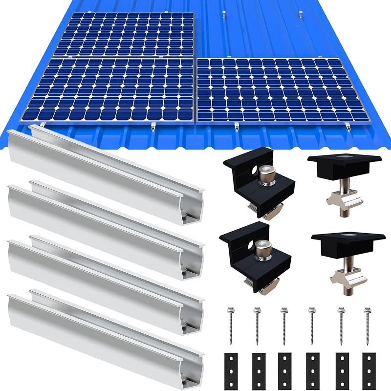Sistem de montare panouri fotovoltaice Warmfay pentru acoperiș plat, șină de montaj din aluminiu 12 cm, clemă reglabilă neagră 30-35 mm, pentru acoperiș trapezoidal cu 4 panouri