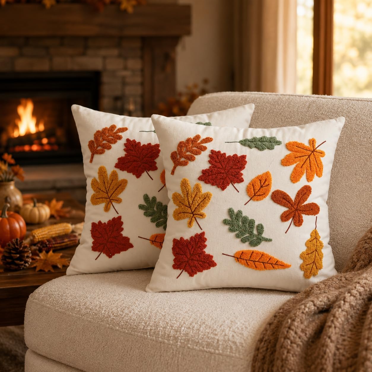 Fall Outdoor Throw Pillow Covers 18x18 2pcs, Autumn Thanksgiving Decor