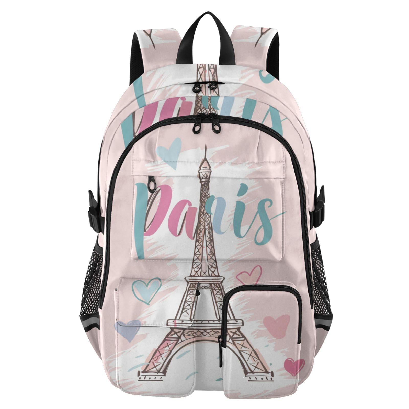 Mochila grande escolar que evita dolor de espalda Torre Eiffel melocotón para viaje 8
