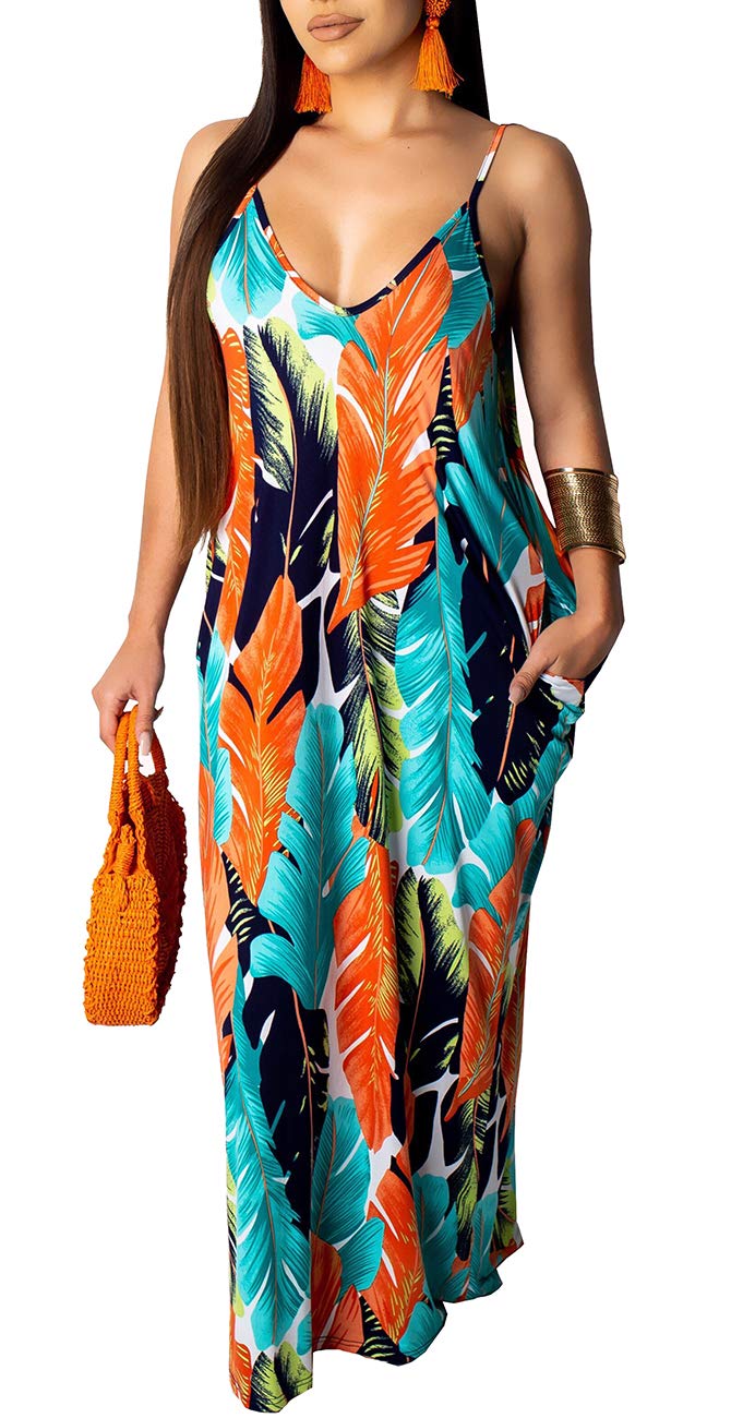 HannahZone Women's Casual Sexy Summer Stripe Loose Maxi Dresses Floor Length Sleeveless Plus Size Sundresses with Pockets