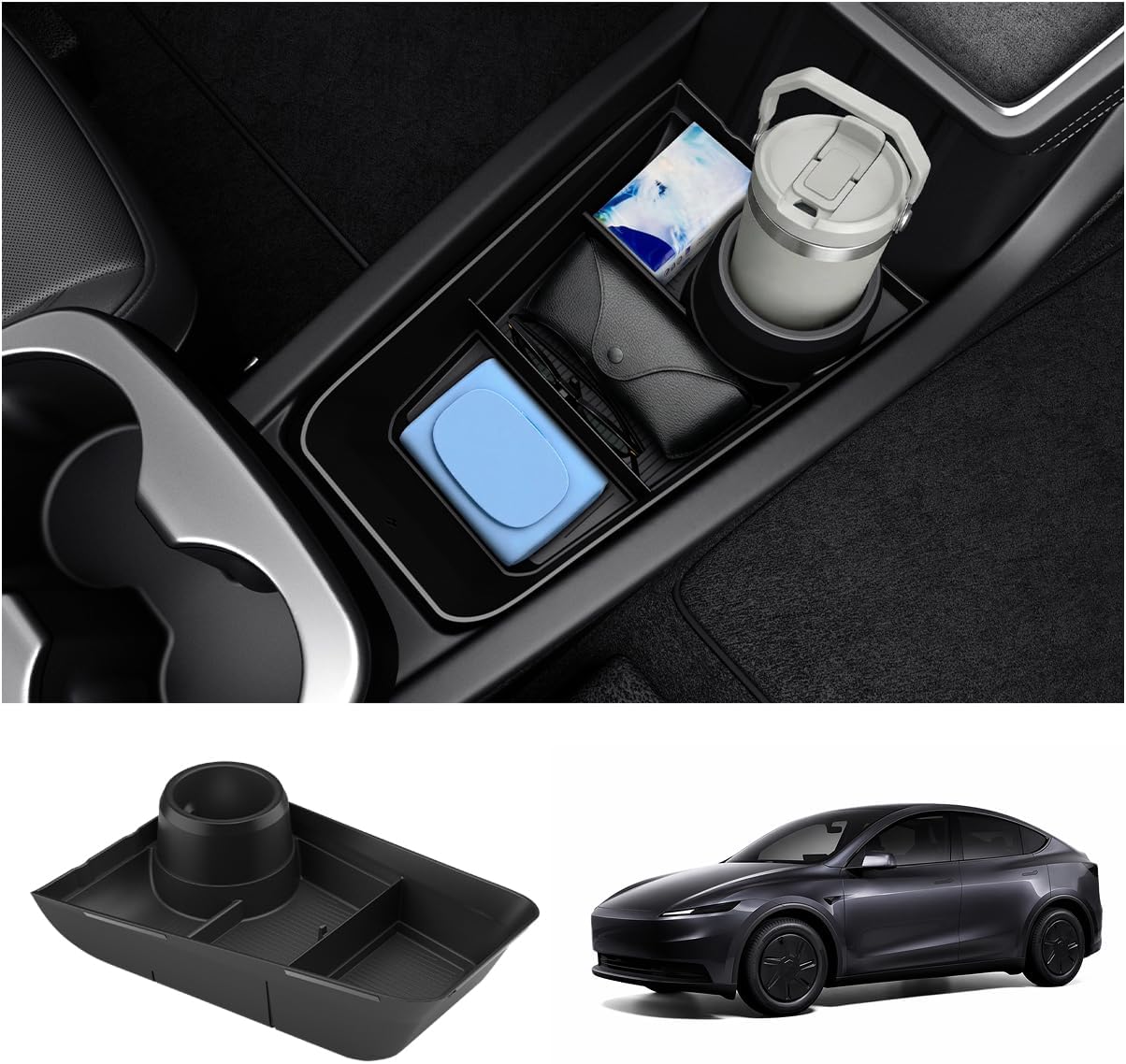 Spigen Lower Center Storage Organizer Designed for Tesla Model Y Standard 2026 - Extra Cup Holders & Anti-Slip Silicone Mat - Maximizes Interior Space, Anti-Rattle Design
