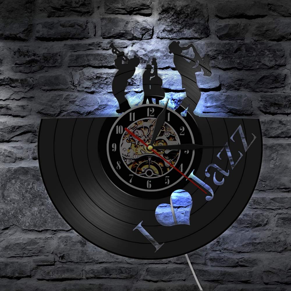 Lettore di musica jazz Orologio da parete Blues Jazz Nota musicale Orologio da parete con dischi in vinile Decorazione artistica Regalo fatto a mano per gli amanti del jazz Orologi da parete appesi