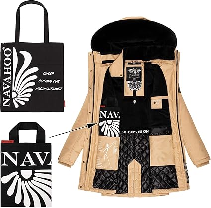 Navahoo Dames winterjas met afneembare capuchon en extra boodschappentas Tiniis XS-XXL, navy, XS