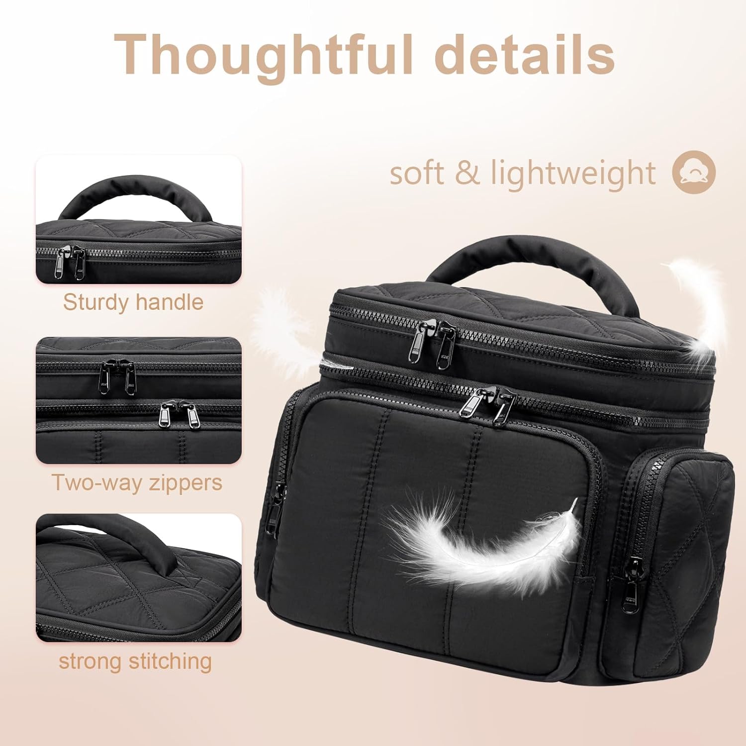 LEDAOU Toiletry Bag for Women, Quilted Travel Makeup Bag Organizer with Double Deck, Large Wide-open Cosmetic Make up Bag for Travel Essentials (Black Puffy) - Image 8