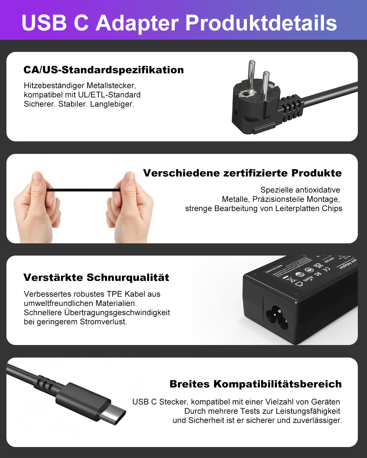65W kabel ładujący USB C do laptopów Lenovo ThinkPad (T14/X1 Carbon), HP Spectr/EliteBook, Dell Latitude, Acer, Asus, Huawei, Samsung, Surface, MacBook, LG, Chromebook 45W ładowarka Type C