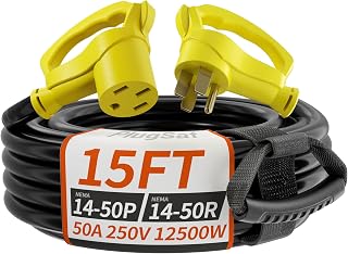 NEMA 14-50P/14-50R 15 FT 50 Amp RV/EV Extension Cord Outdoor with Grip Handle, 4 Prong Flexible Heavy Duty STW RV Power Cord Waterproof, 50A 125/250V 6250/12500W, Black-Yellow, ETL Listed
