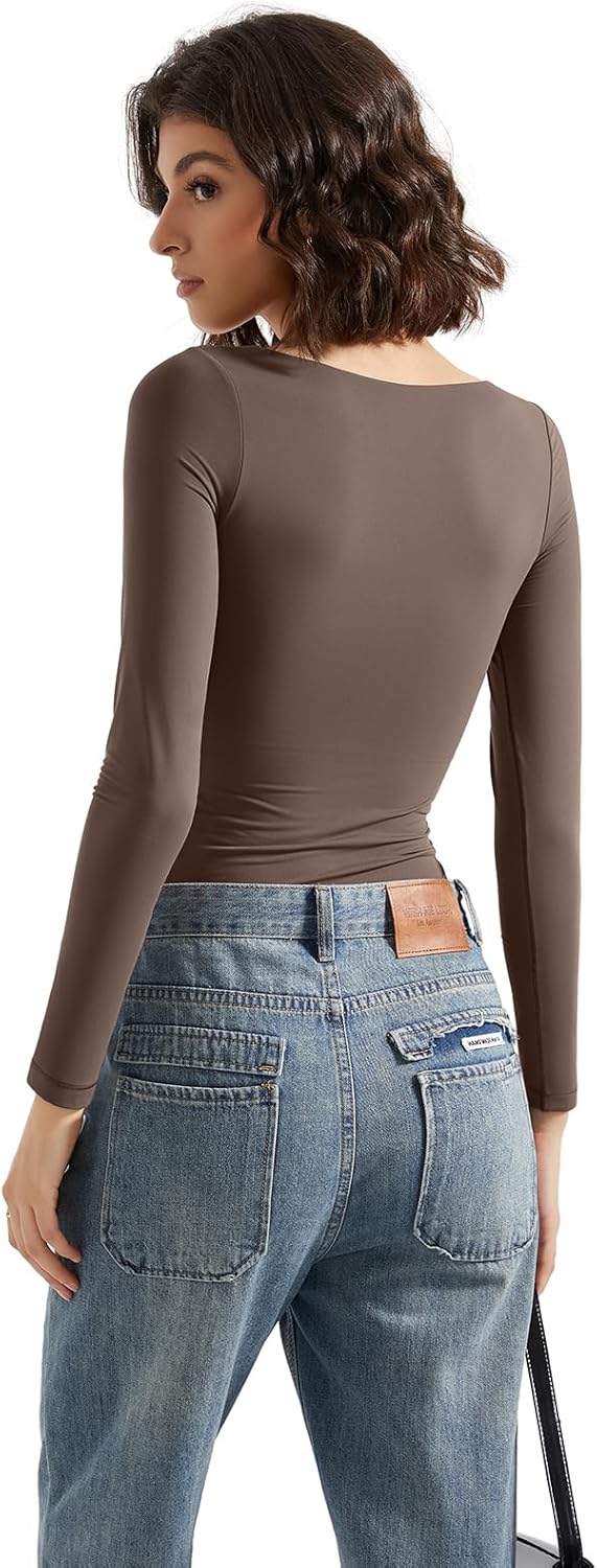 SUUKSESS Women Double Lined Fitted Basic T Shirts Scoop Neck Long Sleeve Crop Top - Image 4