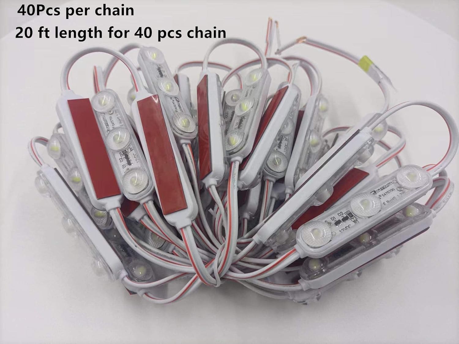 20Ft LED Module 1.2W 12V DC No Polarity Input 6500K Day White Waterproof Decorative Light for Lightbox Letter Advertising Signs with Tape Adhesive Backside (40pcs Pack)