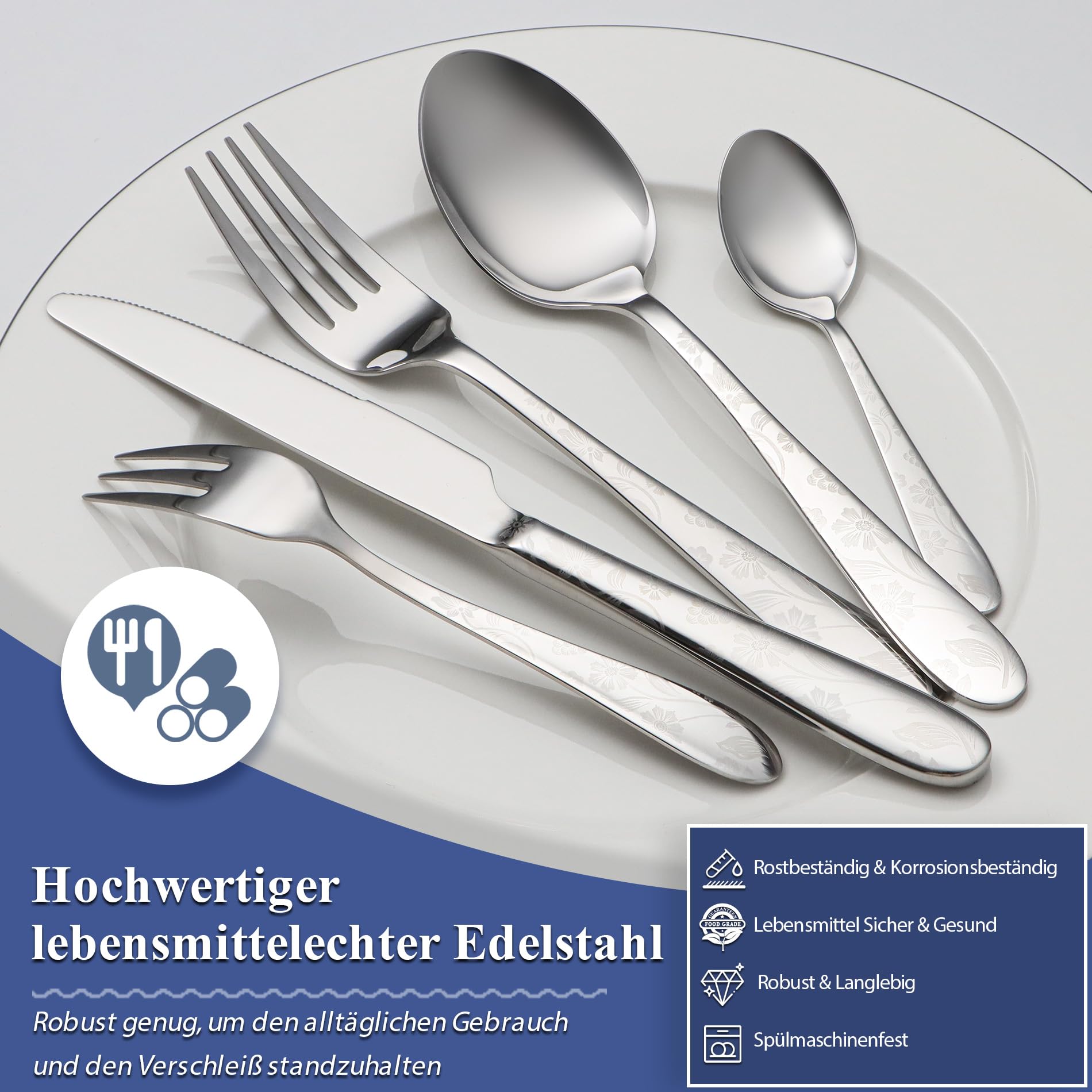 Besteck Set 6 Personen, 30-teiliges Edelstahl Besteckset mit einzigartigem Musterdesign, Essbesteck mit Messer Gabel Löffel, Tafelbesteck für Haus/Küche, Hochglanzpoliert, Spülmaschinenfest
