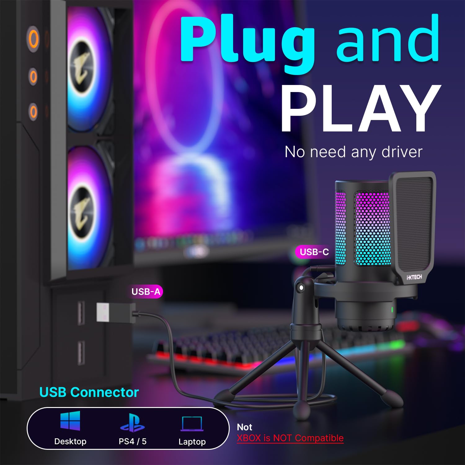 IXTECH Micrófono USB para juegos para PC, micrófono de condensador RGB con soporte de trípode, filtro pop, botón de ganancia de rotación y silencio rápido, micrófono de computadora con cancelación de