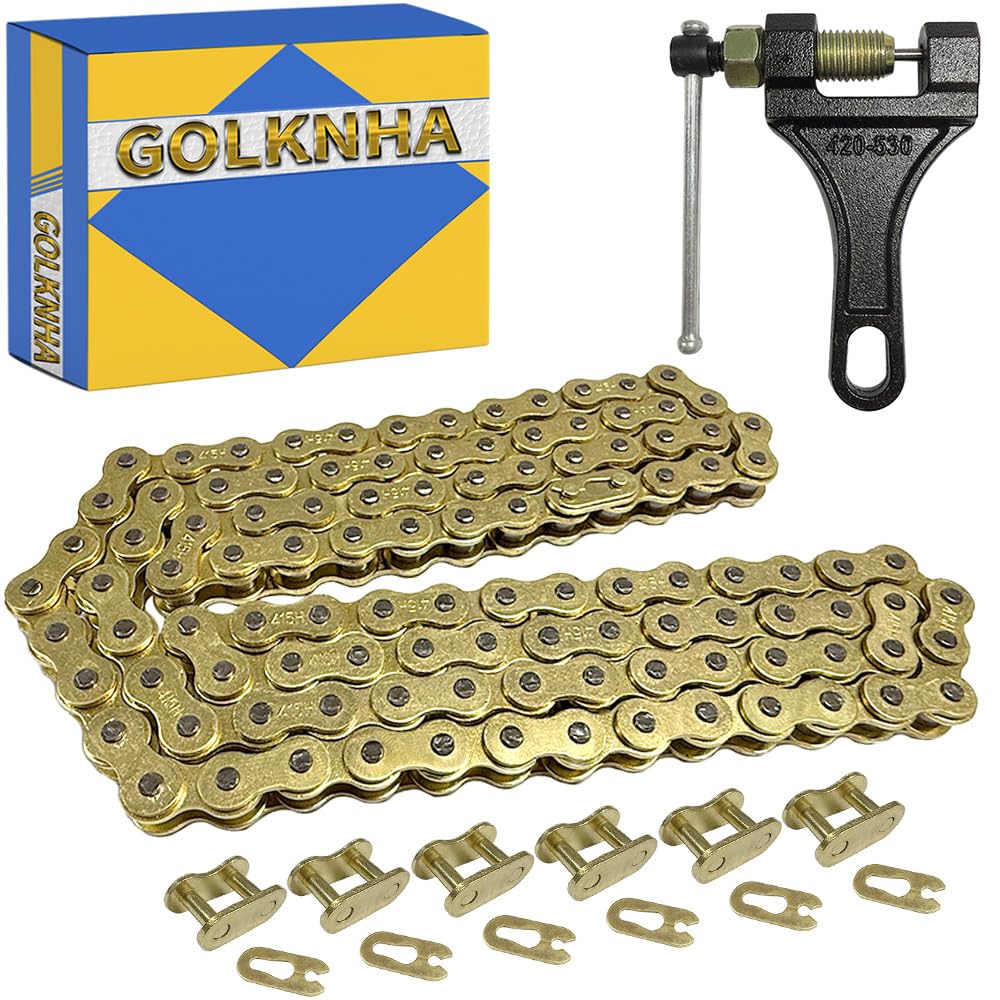 415H-110L Gold Chain with Connector Link for 49cc 60cc 66cc 80cc 2-Stroke Engine Motorized Bicycle Heavy Duty Racing Chain with 6 Chain Links with Chain Breaker