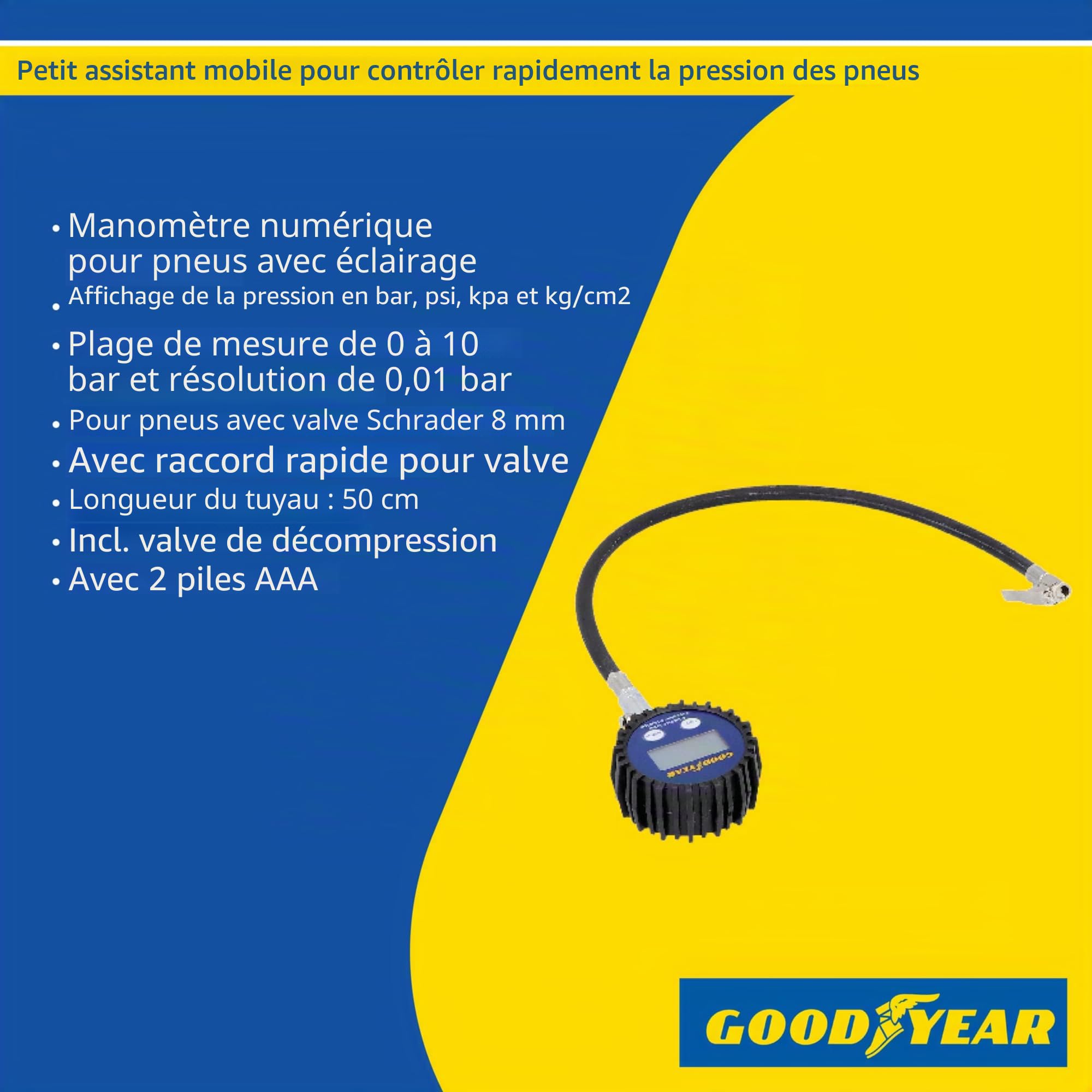 Goodyear Testeur de Pression des pneus avec Affichage numérique de la Pression avec éclairage, jauge pour Voiture, Moto, Camion, Plage de Mesure 0-10 Bar, Longueur du Tuyau 50 cm, Noir