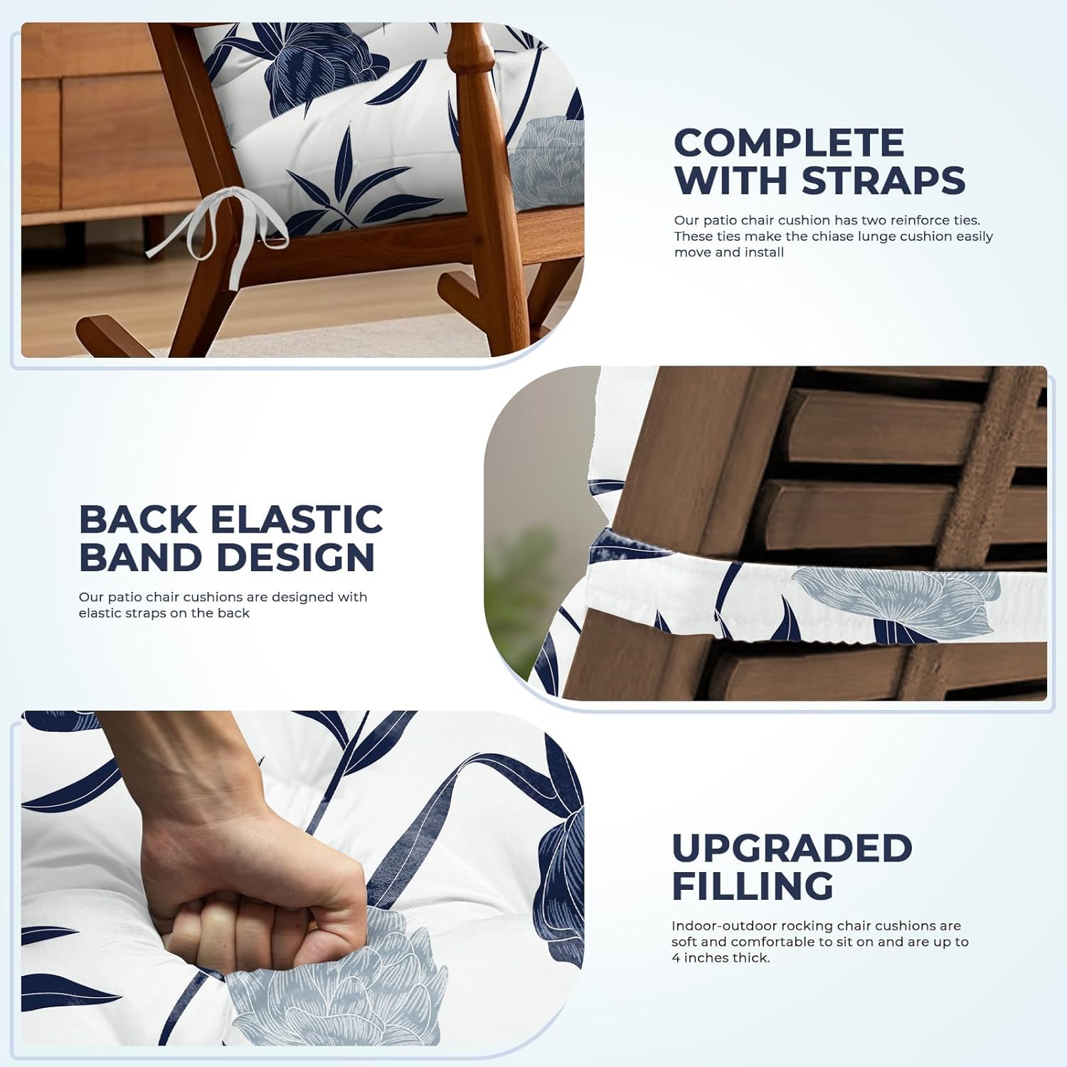 Adirondack Chair Cushion Waterproof Indoor Outdoor Rocking Chair Cushion 44 Inches Patio High Back Chair Cushions Thickened Adirondack Rocking Chair Cushions with Ties, Blue Enchantress
