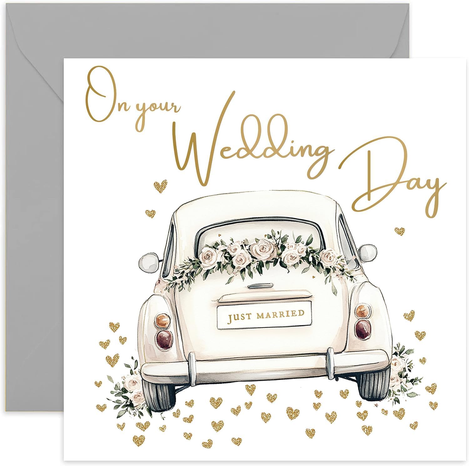 Premium Wedding Card for Bride and Groom - Newly Wed Congratulations Gifts for Mr and Mrs - 'Just Married' White and Gold Wedding Card with Hearts Artwork - Modern and Contemporary - Blank Inside