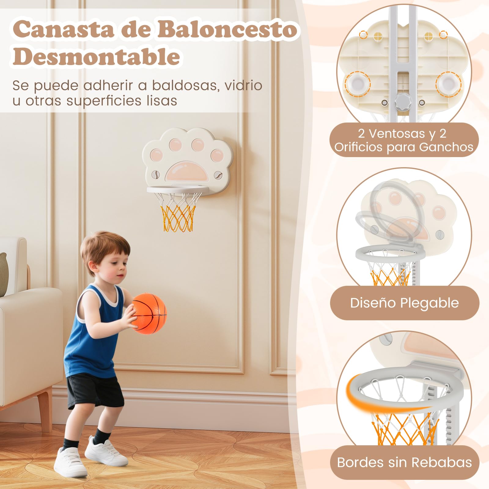 COSTWAY Canasta de Baloncesto para Niños 3 en 1, Centro Deportivo con Juegos de Baloncesto, Fútbol y Golf, Juego de Actividad Interior con Altura Ajustable y Aro Plegable para Niños de 3+ Años (Gris)
