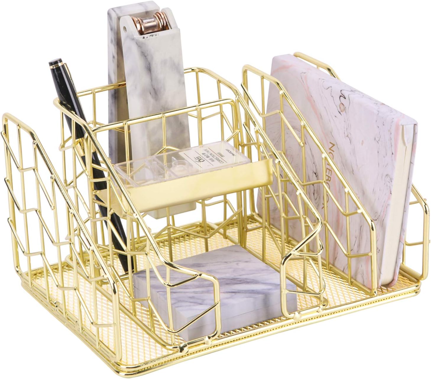 Nugorise Desk Accessories Organizer, 6 Slots - Letter Sorter, Pen Holder, Sticky Note Holder and Accessory Slot, Wire Stationery and Office Supplies Storage Caddy, Gold