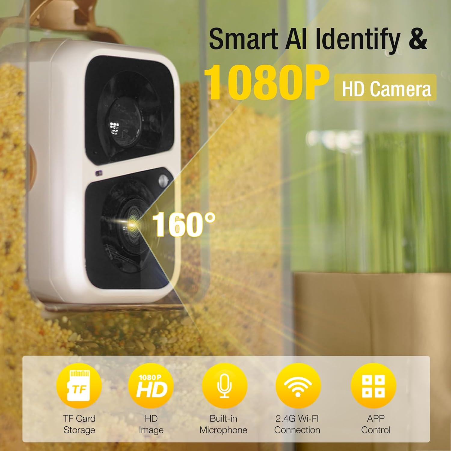 Yellow Solar Powered Smart Bird Feeder with HD Camera