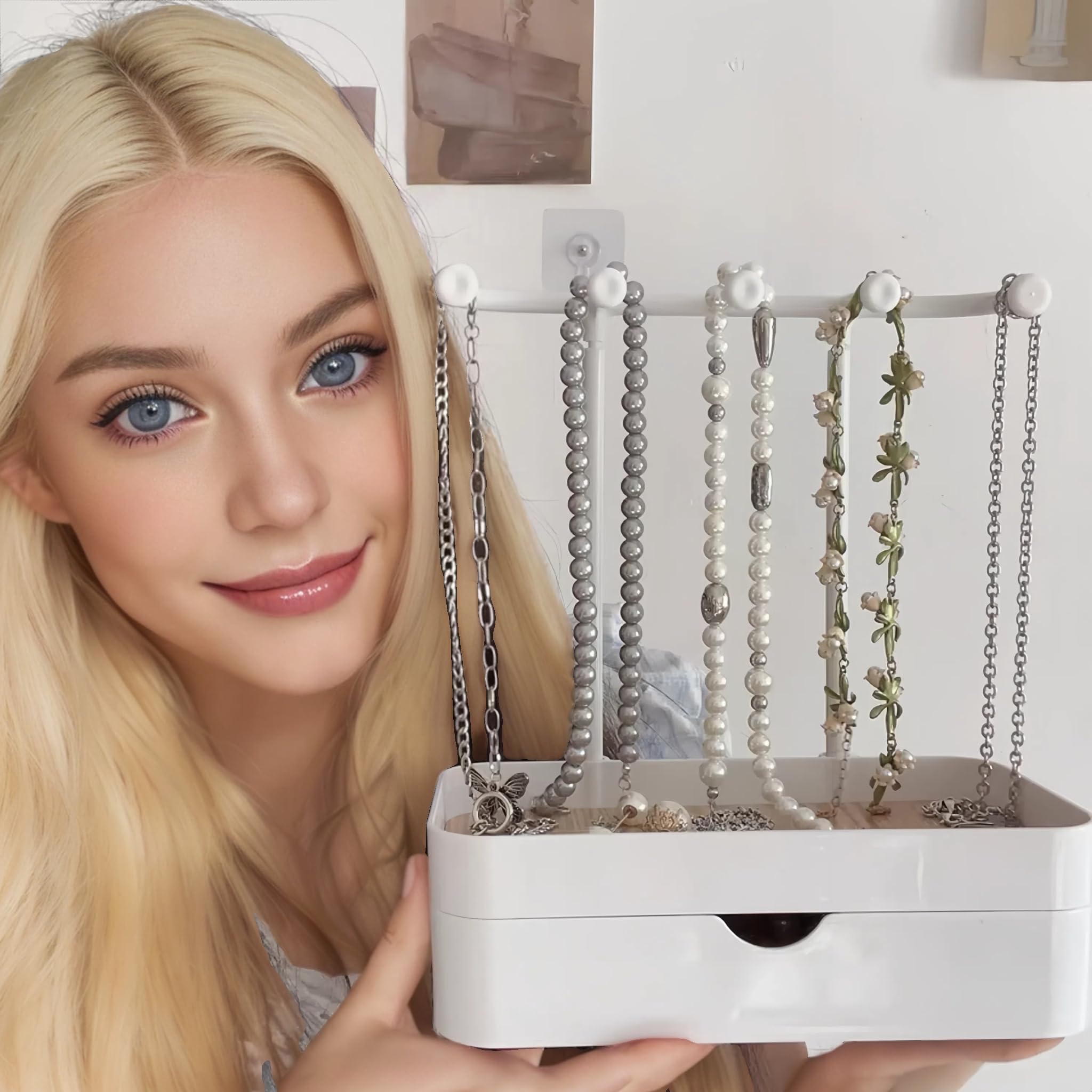 Kettenständer Schmuckständer mit Schubladen, Schmuckhalter mit Holz Aufbewahrungsbasis, Kompakt Schmuck Organizers mit 5 Haken, für Ketten & Armbänder,Ringe & Ohrringe, Elegantes Weiß