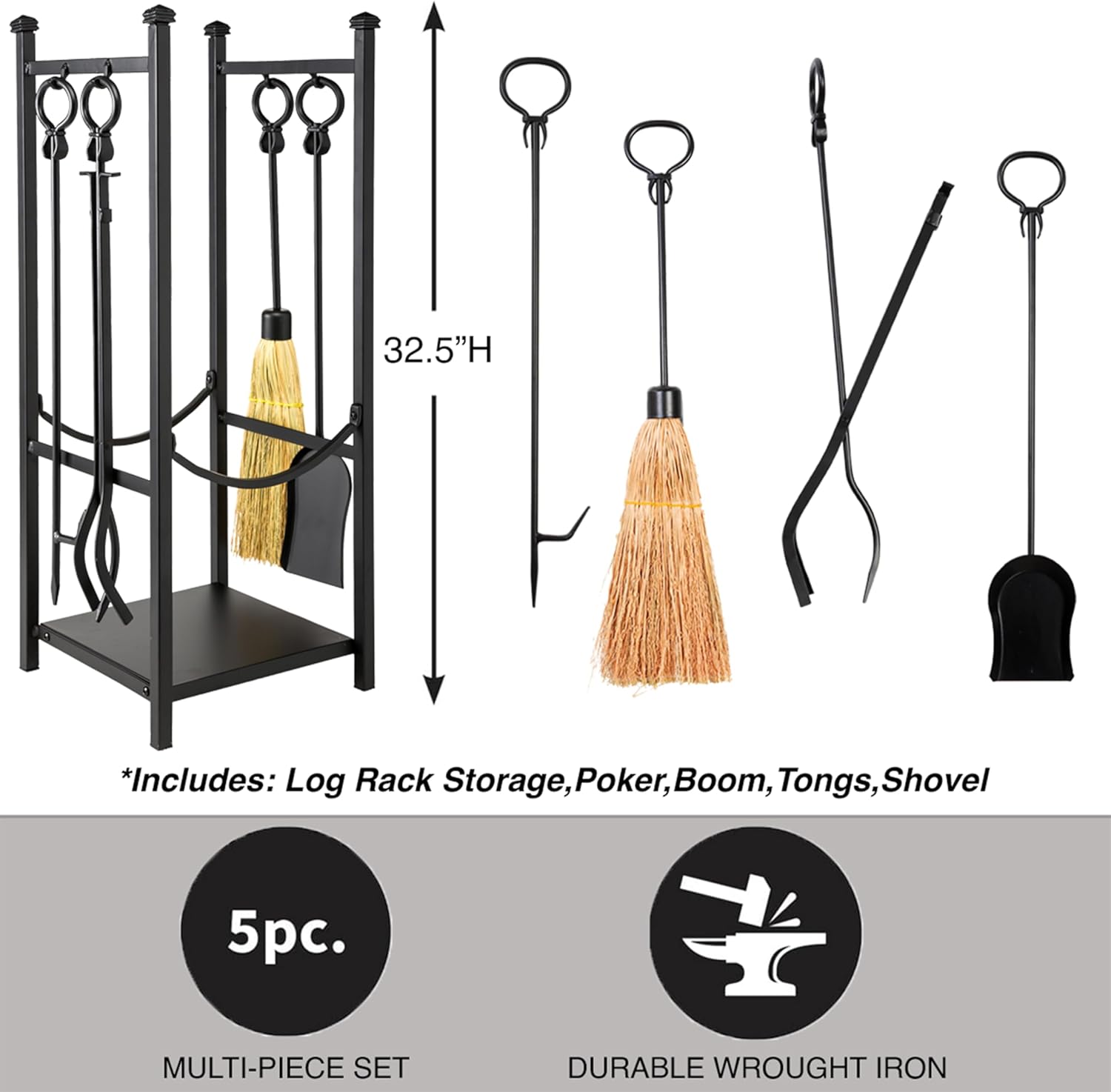 Plow & Hearth 13409BK 13409-BK Fireplace Tool Set, Black, Alloy Steel, 13"W x 10"L x 6"H