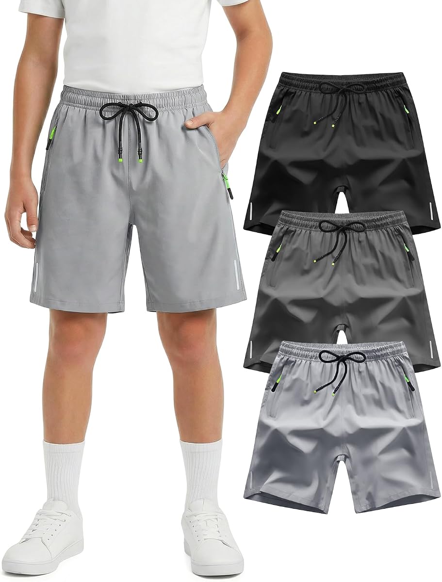 Gihuo Boys Shorts Quick Dry Athletic Shorts Kids Lightweight Outdoor Running Shorts with Zipper Pocket
