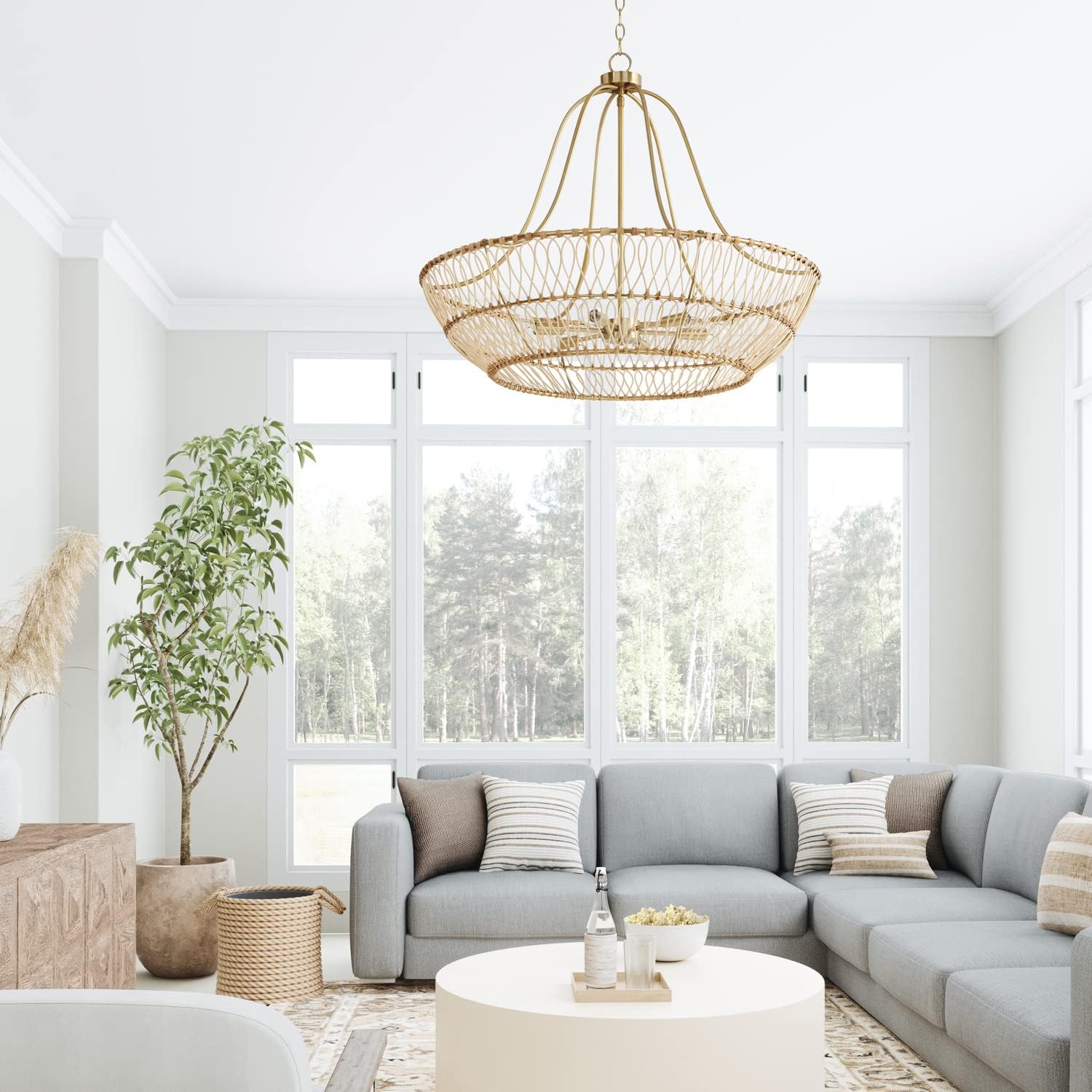 Capital Lighting 444161MA Wren Modern Handcrafted Rattan Basket Chandelier, 6-Light 360 Total Watts, 27" H x 32" W, Matte Brass