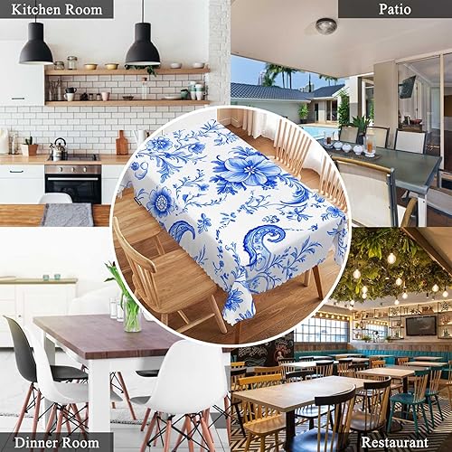 Miniatura 7 de Swono Mantel decorativo de cachemira azul floral étnico con mandala batik azul, para cocina, banquete de fiesta y día festivo, 52 x 70 pulgadas (4-6