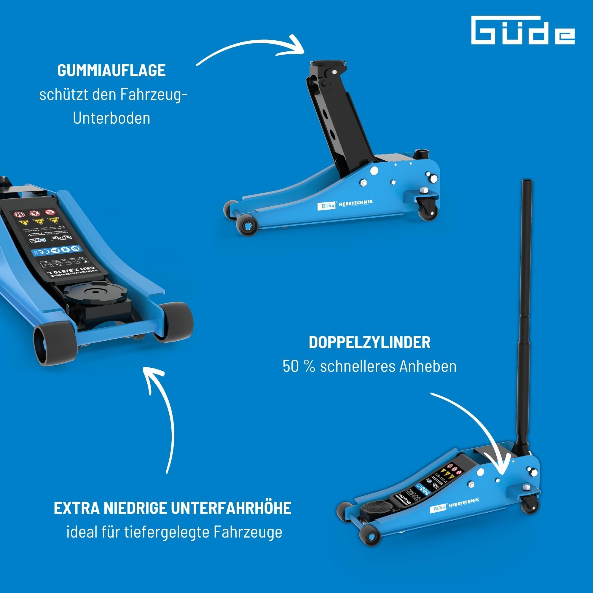 Güde GRH 2,5/510L Rangierwagenheber - 2,5 Tonnen Hubkraft, 10 Zentimeter Lastteller-Durchmesser, min. 8 bis max. 50,8 Zentimeter Hubhöhe, Doppelzylinder System, besonders niedrige Unterfahrhöhe
