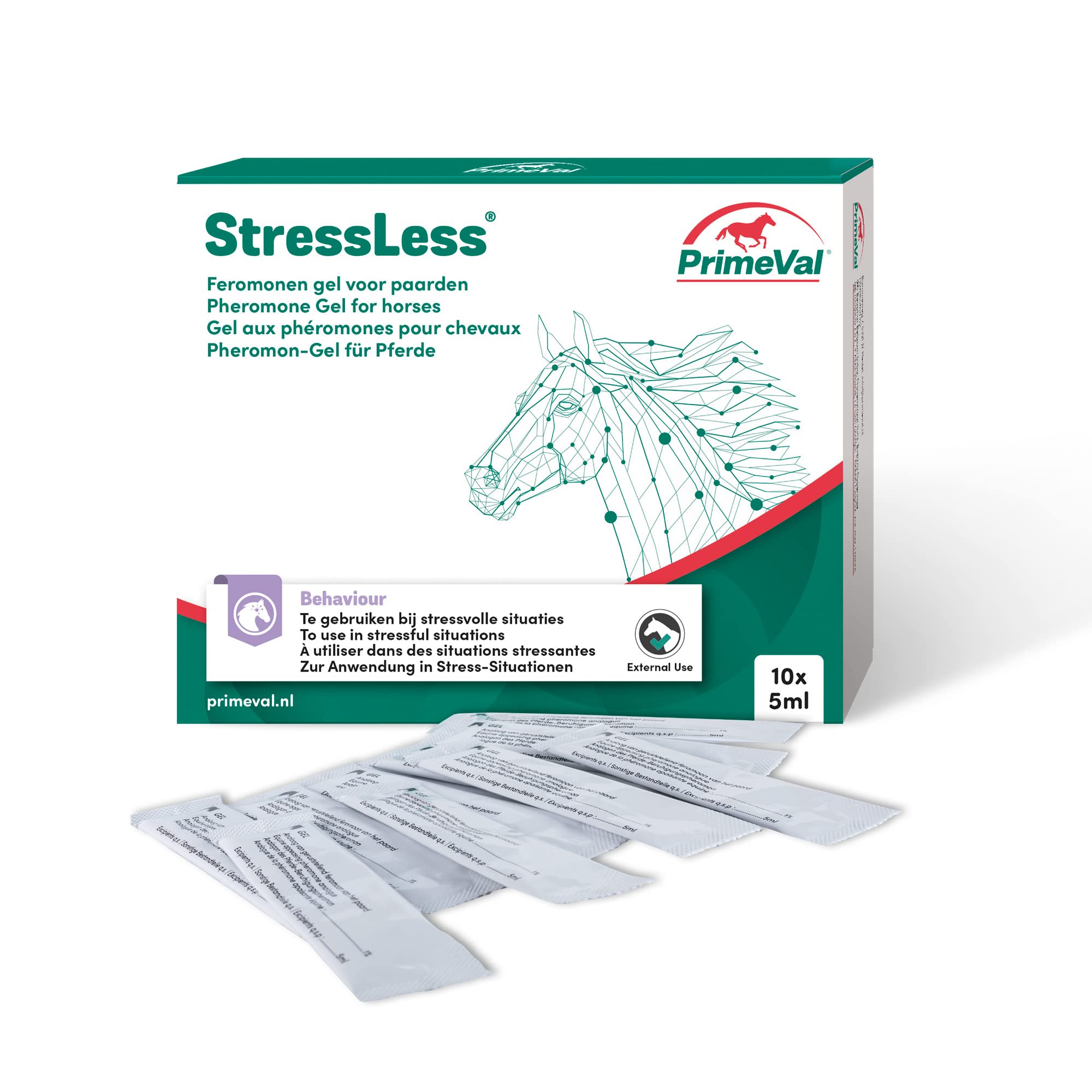 PRIMEVAL StressLess – Gel apaisant aux phéromones pour Cheval – Aliment complémentaire Naturel Anti-Stress à Base de phéromone apaisante Maternelle de Jument – sans Somnolence – 10 sachets de 5 ML