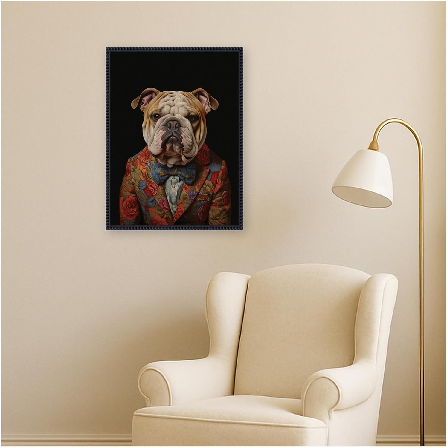 Kate and Laurel Framed Canvas Wall Art Print Regal Portrait of a Bulldog by The Creative Bunch Studio, 18 x 24 Sylvie Beaded Black Frame, Whimsical, Animal Art for Wall Decor