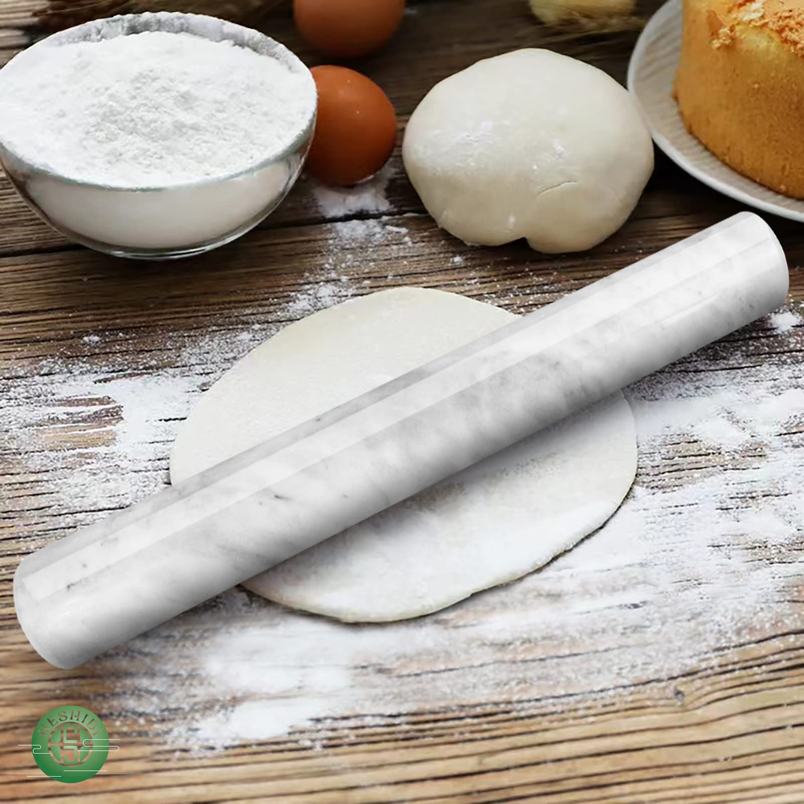 Französischer 40,1 cm polierter Marmor-Nudelholz mit Marmorsockel, antihaftbeschichtet, zum Backen von Pizzateig, Kuchen und Keksen (weiß)