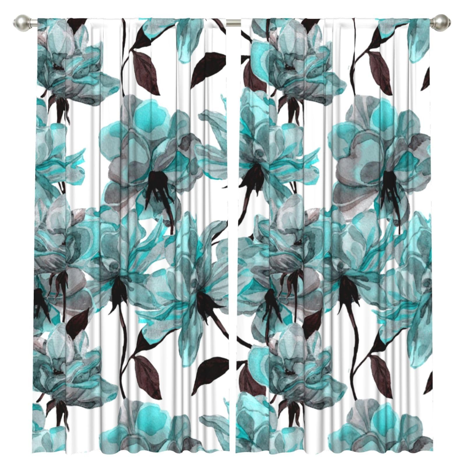 InOmak Blue Flower Floral Teal Roses Watercolor, 2 Panels Window Curtains 52 x 84 Inch Blackout Curtains for Living Room Bedroom