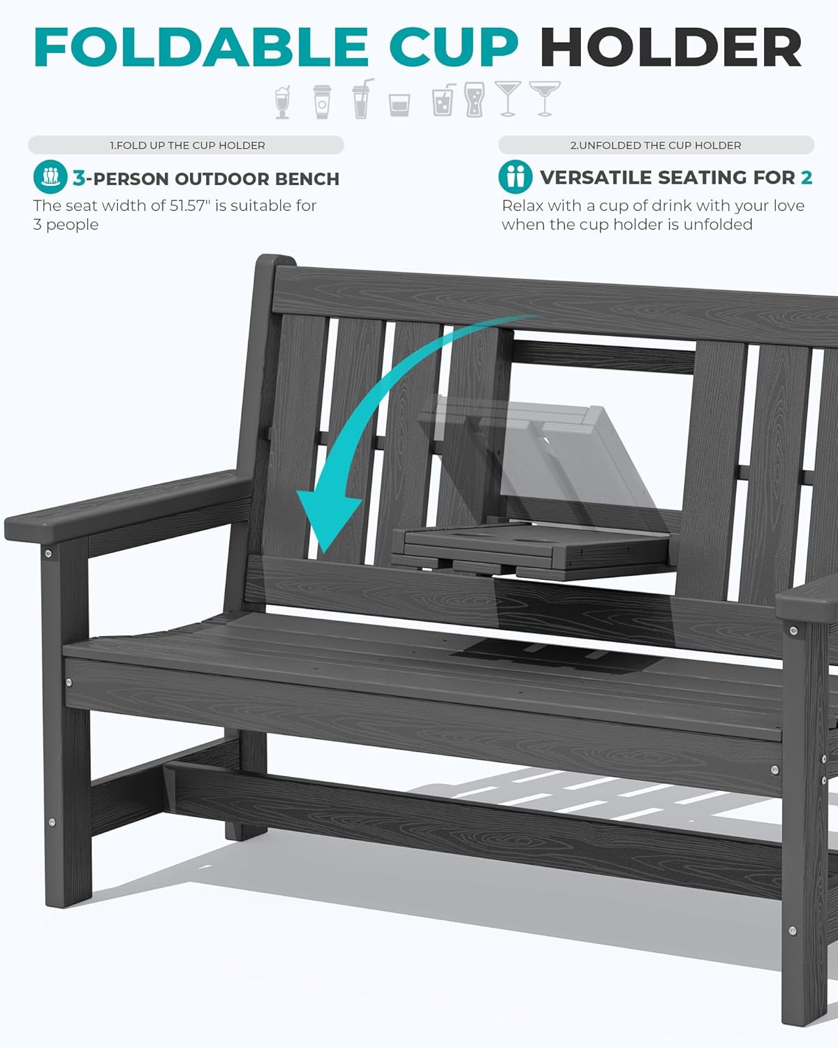 SERWALL Outdoor Bench with Cup Holder, 58" HDPE Garden Park Bench Suitable for 3 Person, All Weather Patio Benches with High Backrest and Wide Armrests for Garden, Park, Yard, Front Porch, Grey