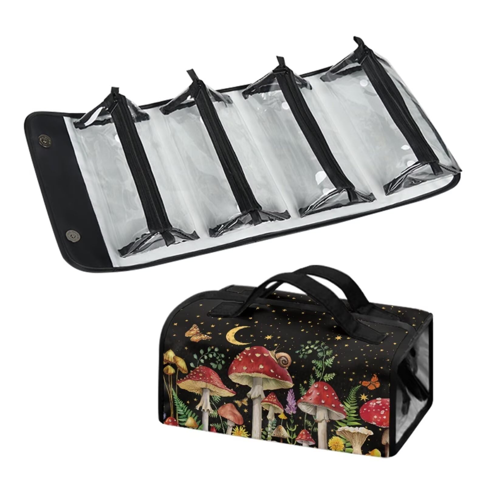 Dngkaoje Mushroom Hanging Toiletry Travel Bag for Women Roll Up Makeup Bag Mushroom Butterfly Print Foldable Toiletry Bag 4-in-1 Foldable Makeup Bag Makeup Brush Holder Organizer Storage Bags