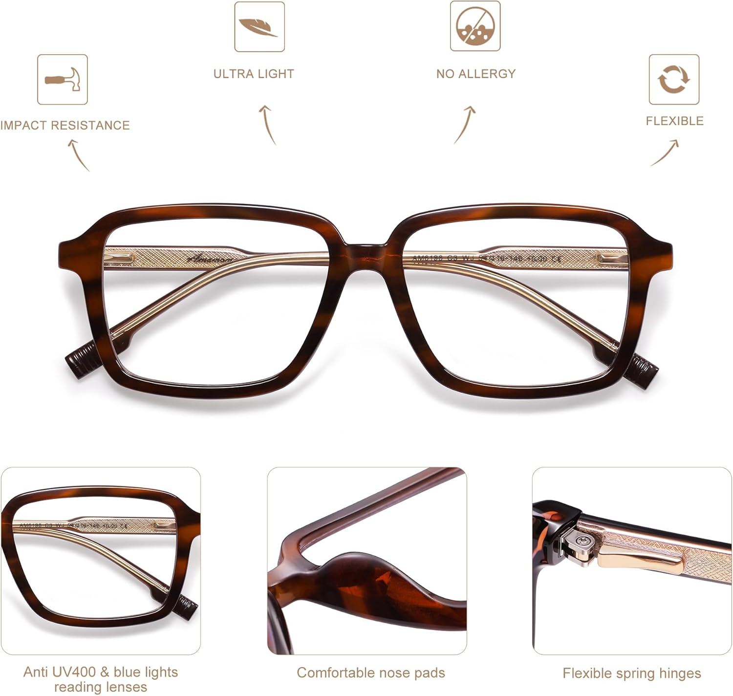 AMOMOMA 2 Pack Retro Reading Glasses for Women Men,Rectangle Blue Light Computer Reader Frame AM6198 - Image 6