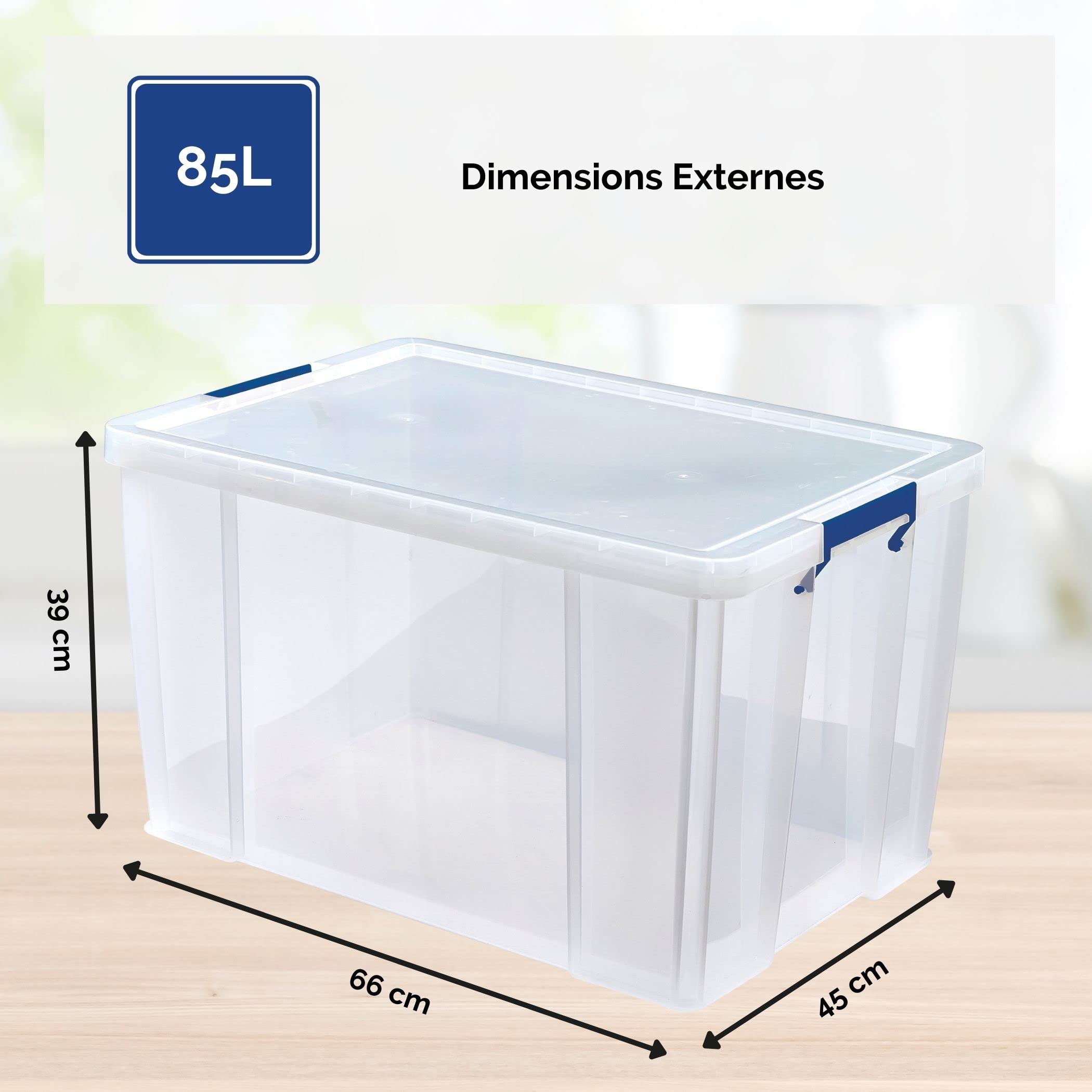 Bankers Box Boîte de rangement ProStore 85 L, 37.5 x 57.5 x 38 cm, avec couvercle et poignées, format A4, empilable, plastique transparent sans BPA, 7731101